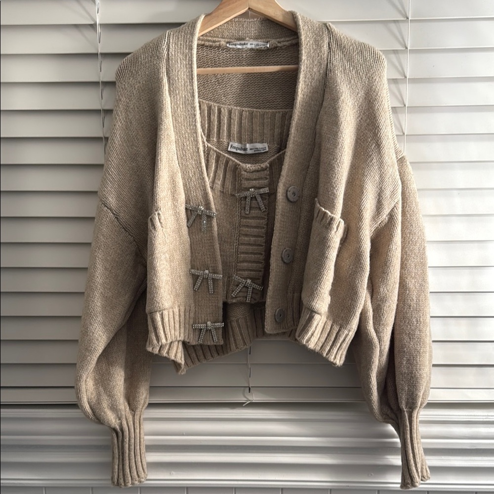Women's Beige Cardigan Sweater Vest Set Rhinestone Bow Buttons